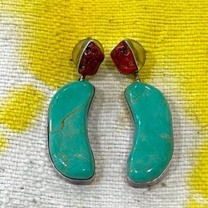 Gale Self Signed Turquoise and Coral Earrings